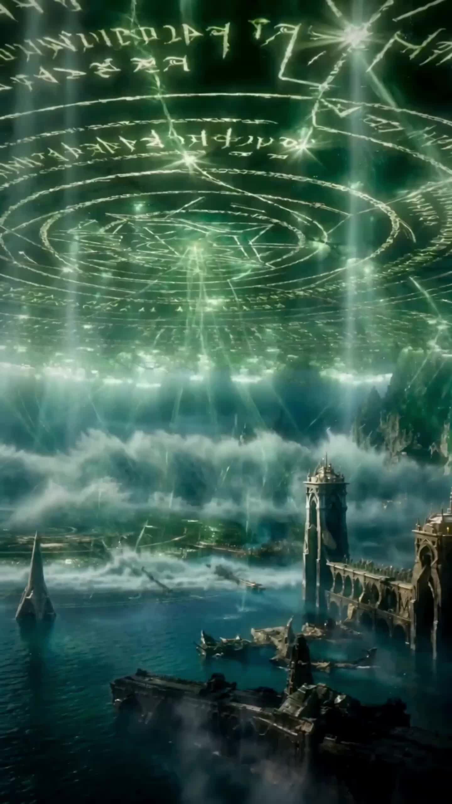 A huge ring of green runes glowing in the sky over a harbor of ruined towers and piers, with mist and waves below