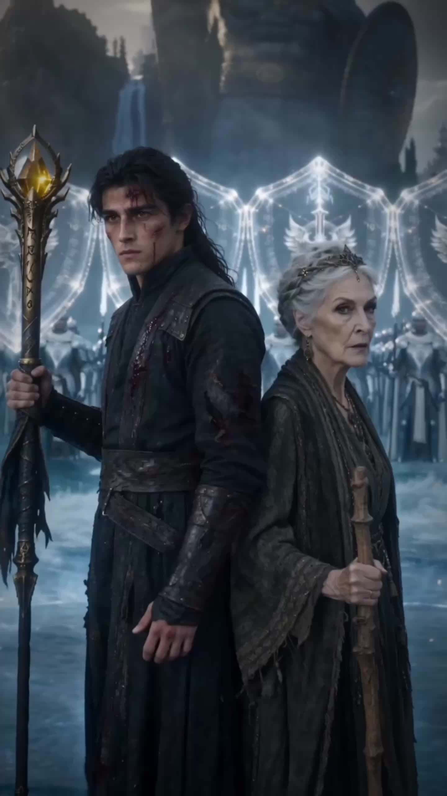 Cedric, bloodied, in a black coat holding a staff with a golden head, back to back with a white-haired old woman in a grey robe and a silver circlet holding a wooden staff, inside a white shield of glowing runes with knights in silver armor behind them