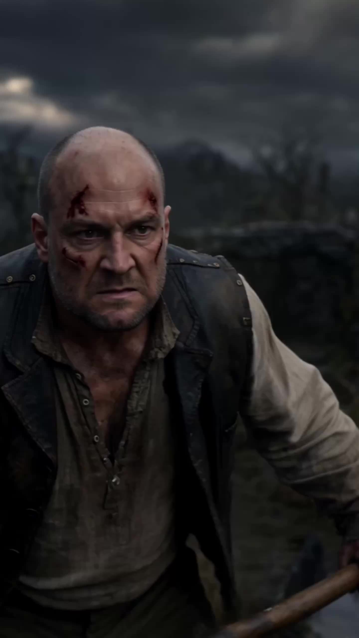 A bald man with cuts on his scalp and face, in a torn beige shirt and dark vest, gripping a wooden handle and looking up in fear against a dark sky