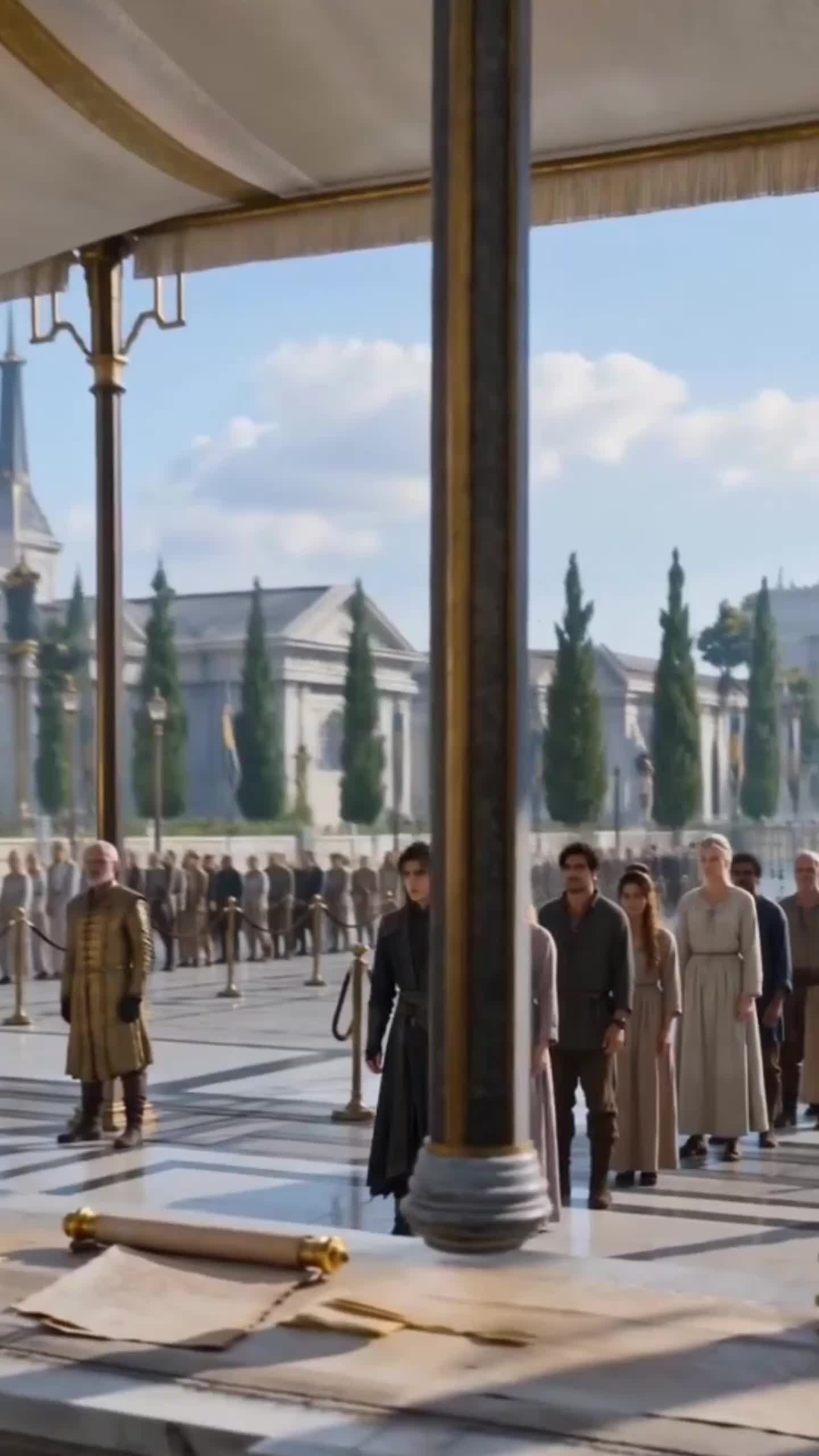 A queue of people behind rope barriers in a marble square under a white canopy, a rolled scroll on the table in the foreground, a young man in black at the front next to a bald official in a gold coat