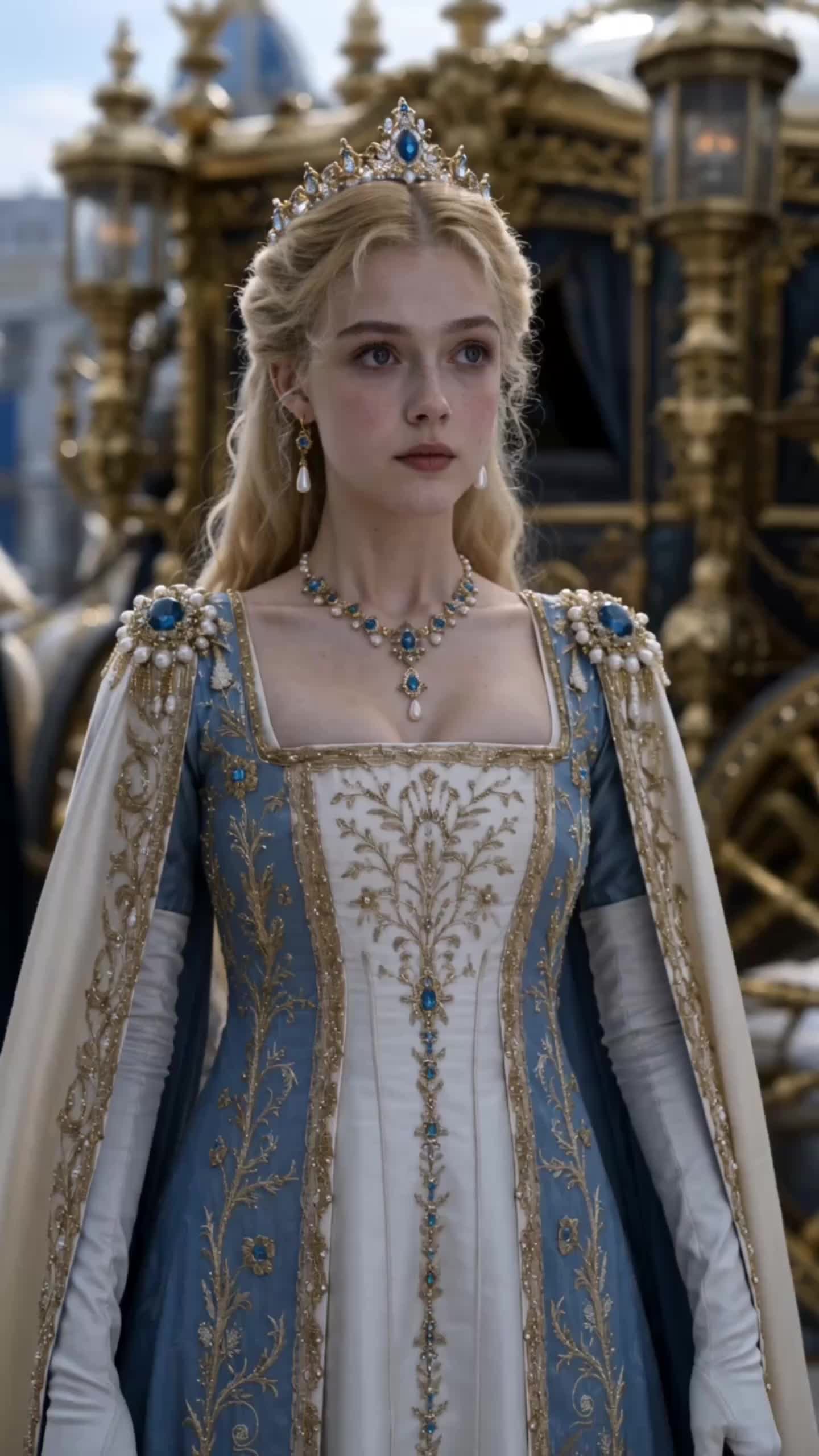 A blonde princess in a tiara with a blue gem, pearl earrings and necklace and a white-and-blue gown embroidered in gold, standing in front of an ornate golden carriage