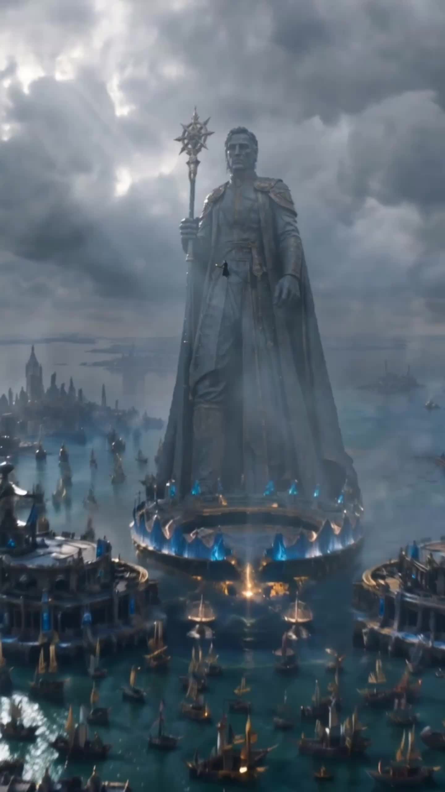 A giant stone statue of a robed man holding a staff on a round platform in the sea, ringed by boats and lit piers, with a city on the horizon under storm clouds