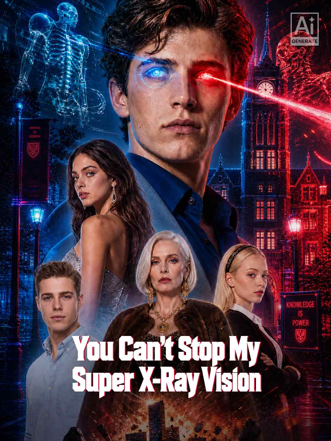 Cover of You Can’t Stop My Super X-Ray Vision: a young man with wavy brown hair, one eye glowing blue and the other firing a red beam, over a brick clock tower; below him a brunette in a silver dress, a young man in a light-blue shirt, a platinum-blonde woman in a fur coat and gold necklaces, and a blonde in a black blazer with her arms crossed; blue skeletons and a "Knowledge is power" school sign around them