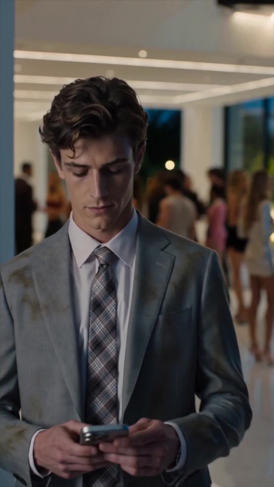 Michael in the stained grey blazer and plaid tie looking down at a phone in his hands, in a bright living room full of guests with a window onto a garden behind