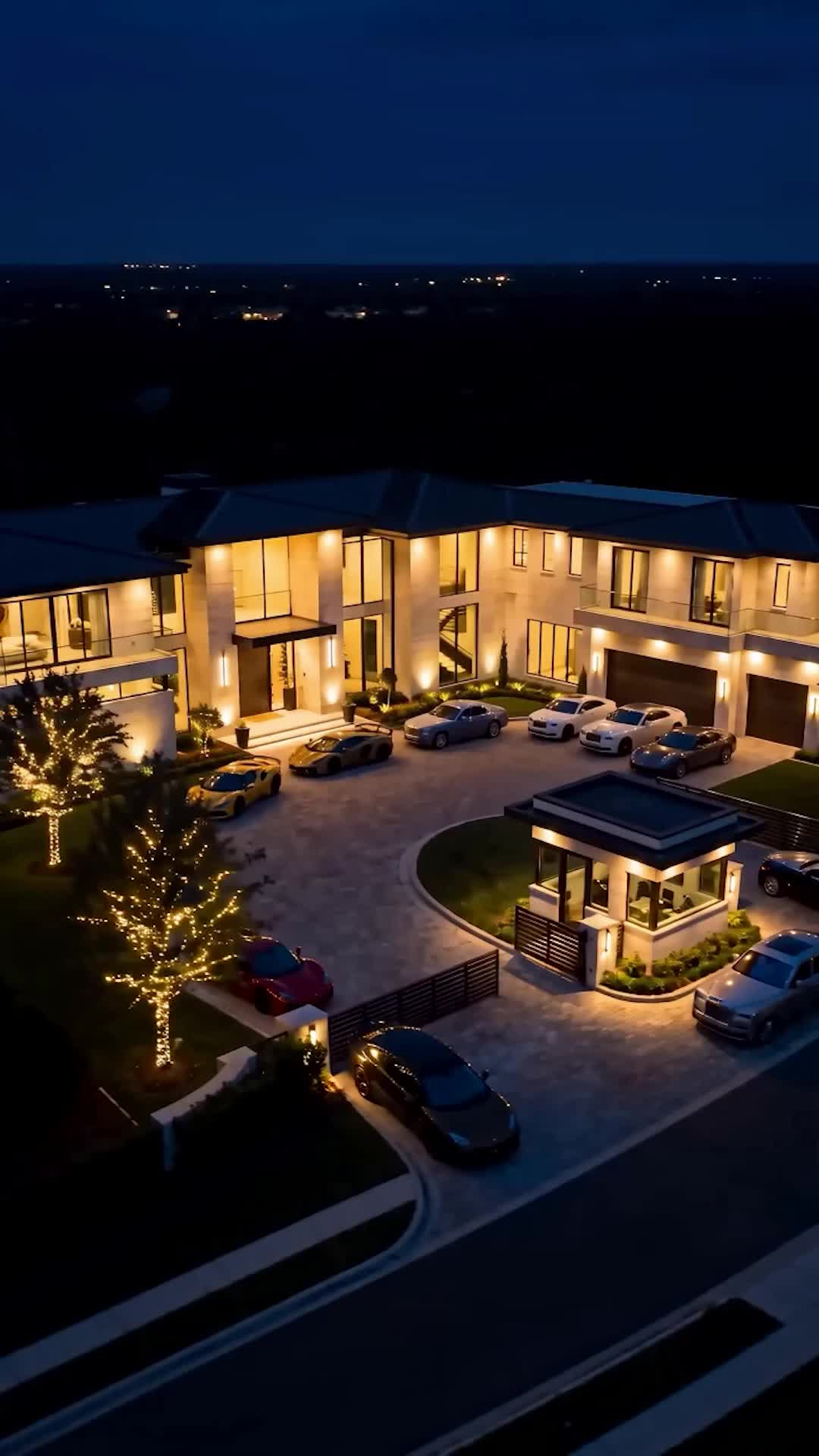 Aerial view at night of a lit two-storey modern mansion with a circular driveway full of sports cars and a gatehouse, trees wrapped in lights, city lights on the horizon